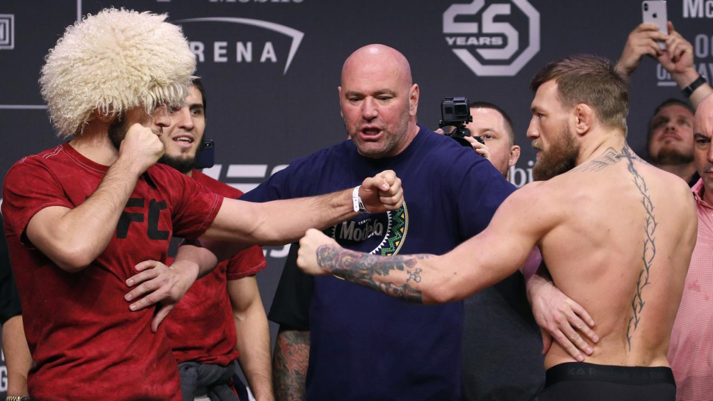 Khabib et Conor McGregor en face-off, combat UFC et rivalité MMA
Photo UFC : McGregor et Khabib lors de la conférence de presse
McGregor vs Khabib : deux champions MMA réunis sur une même photo
Conor McGregor et Khabib Nurmagomedov, confrontation historique en MMA
